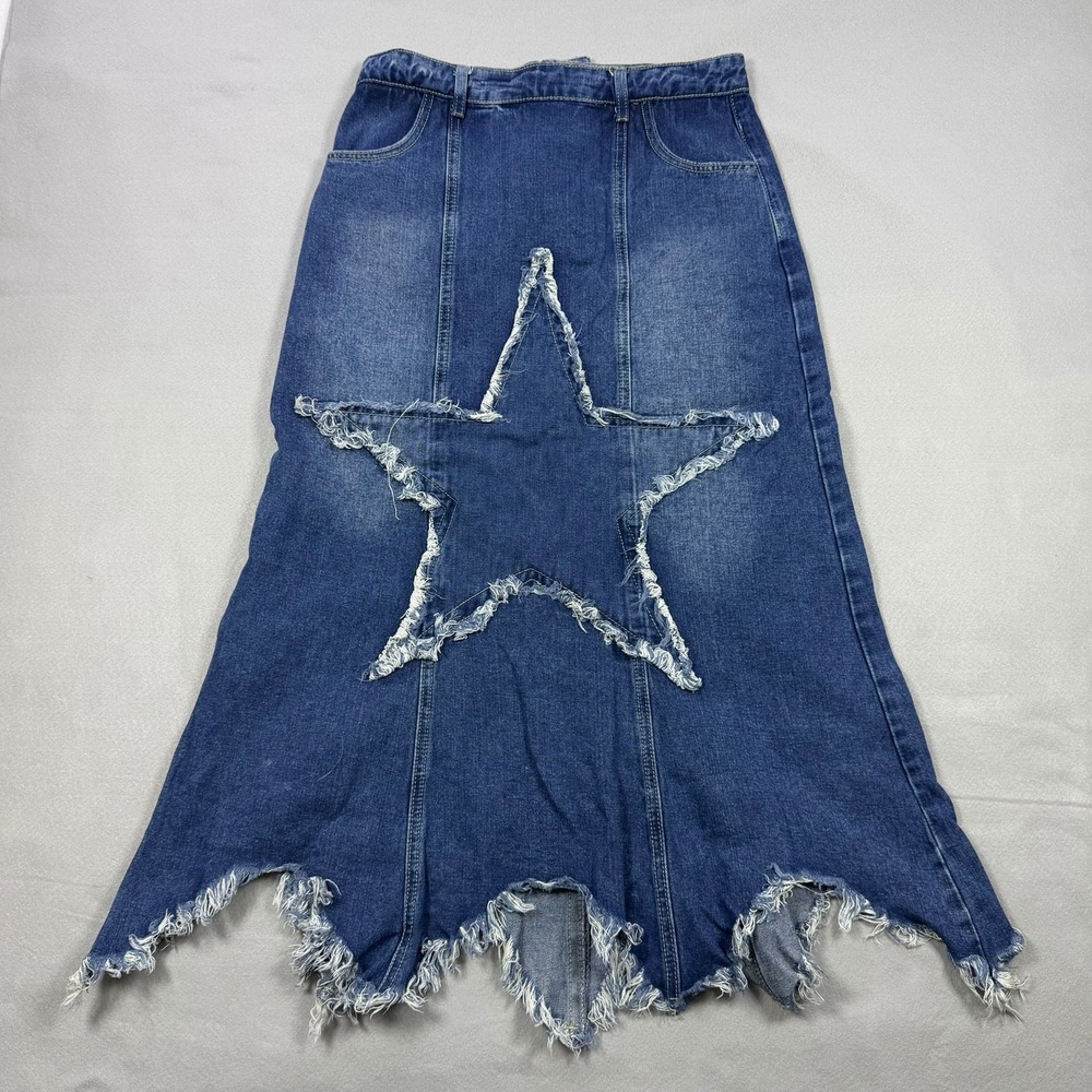 Romwe Womens Star Patch Denim Maxi Skirt Frayed Asymmetrical Hem Blue Size M